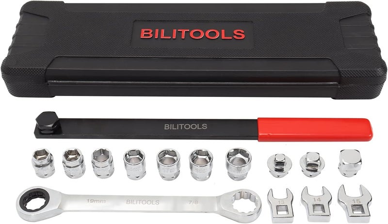 BILITOOLS 15-Piece Universal Serpentine Belt Tool Set,Belt Tensioner Tool Kit with Ratcheting Wrench, Crowfoot Wrenches, Socket Adapters.19 mm and 7/8'' ratchet drive. - Image 1